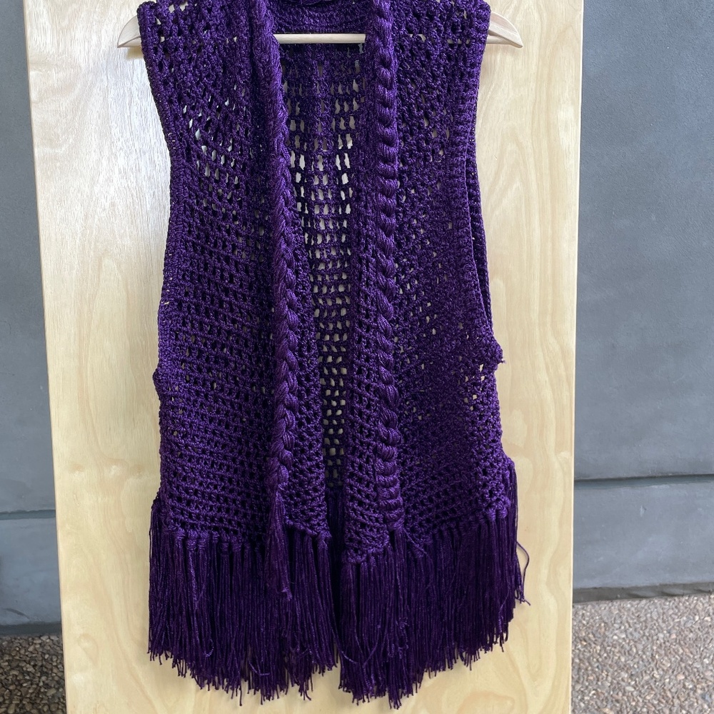 Boutique fringed crochet purple duster